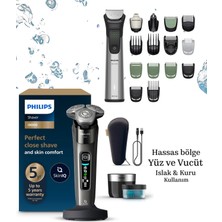 Philips Series 9000 Sıfır Tıraş ve Saç Sakal Vucüt Kulak Burun Erkek Bakım Seti Döner Başlıklı Çelik Bıçaklı Hızlı Şarjlı 3 Parça Erkek Bakım Tıraş Makinesi