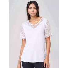 Mamayaga Kadın Bisiklet Yaka Yarım Dantel Kol ve Yaka Detay Viskon Büyük Beden Curve Bluz