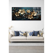 Olinpa Kırılmaz Cam Duvar Saati , Hem Tablo Hem Saat Mavi Gold Çiçekler Tasarım Saat Ev Salon Saat Ofis  Hediyesi