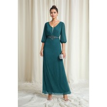 Mamayaga Kadın Pencere Tül V Yaka Belden Oturmalı Taşlı Nakışlı Şık Abiye Curve Büyük Beden Gece Elbise