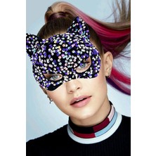 Fantastik Store Siyah Kadife Kumaş Üzerine Mor Beyaz Payetli Pullu Parti Maskesi 16X14 cm - Lisinya