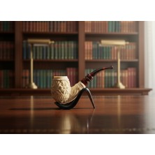 Goldenlight Meerschaum El Oyması Blok Lületaşı Pipo – Rozet & Sarmaşık Motifli, Kehribar Ton Akrilik Ağızlık