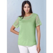 Mamayaga Kadın Bisiklet Yaka Yarım Dantel Kol ve Yaka Detay Viskon Büyük Beden Curve Bluz