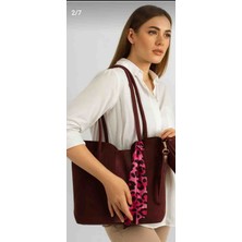 TheMoiss The Moiss Kadın Süet Bordo Renk Büyük Boy Fular Detaylı Yavrulu El ve Kol Cantasi