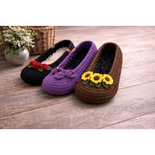 3’lü Çiçek Detaylı Kadın Ev Patiği Seti Örgü Kaymaz Taban Siyah Mor Kahverengi