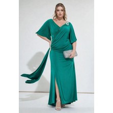 Mamayaga Kadın Pencere V Yaka Belden Oturmalı Taşlı Şık Abiye Curve Büyük Beden Gece Elbise