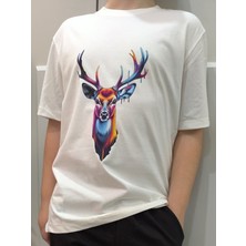 Pidal Giyim Renkli Geyik Baskılı Pamuklu Yumuşak Dokulu Kısa Kollu Unisex Çocuk Tişört