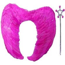 Aesco Gerçek Tüylü Katlanabilir Çuk Pembe Melek Kanadı ve Asa Seti 40X55 cm