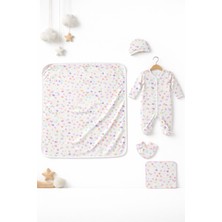 Miniday Baby Kız Bebek Baskılı 5'li Set Tulum Battaniye Şapkalı Kalpli Yeni Doğan %pamuklu Hastane Çıkışı