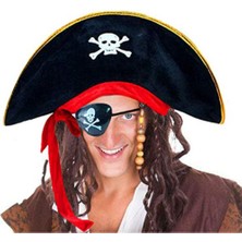 Aesco Yetişkin Boy Kadife Kaptan Jack Sparrow Korsan Şapkası ve Plastik Korsan Göz Maskesi