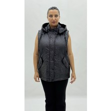 AlanyaXXL Büyük Beden Fermuarlı Kapüşonlu Cepli Kadın Uzun Yelek