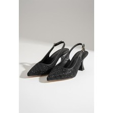 Difolia Kadın Emma Siyah Saten Taşlı 7 cm Ince Topuklu Ayakkabı & Stileto