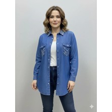 BezeXL Yaka Cep Detaylı Tensel Kot Gömlek Mavi