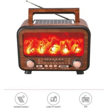 Başkenttekno Şömine Görünümlü Solar Güneş Enerji Ahşap Nostalji Bluetooth USB Sd Mp3 Radyo Müzik Kutusu