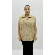 AlanyaXXL Büyük Beden Kapitone Düğmeli Cepli Fermuar Detaylı Viskon Oversize Kadın Yelek