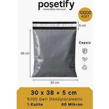 Poşetify Cepsiz Kargo Poşeti | 30x38x5 cm | 10000 Adet | Gri | 80 Mikron | Orta Boy | Kalın | İç Göstermez