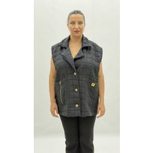 AlanyaXXL Büyük Beden Kapitone Düğmeli Cepli Fermuar Detaylı Viskon Oversize Kadın Yelek