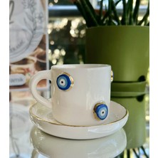 Nof El Yapımı Seramik Gerçek 24K Altın Dekorlu Nazar Boncuklu Türk Kahvesi Fincanı