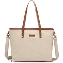 Smart Bags Bej Kadın Omuz Çantası Büyük Boy Kanvas Kumaş Hakiki Deri Detaylı
