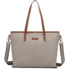 Smart Bags Koyu Gri Kadın Omuz Çantası Büyük Boy Kanvas Kumaş Hakiki Deri Detaylı