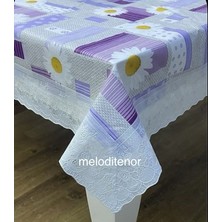 Sercan Dantel Güpür Kenarlı Kaymaz Astarlı Silinebilir Papatya Çiçek Desen Dikdörtgen Pvc Muşamba Masa Örtüsü