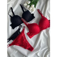 Gold Night Kadın Dantelli Taşlı Destekli Dolgulu Push Up Sütyen Takımı Iç Çamaşırı Takımı Ikili Paket Avantajlı