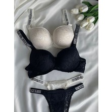 Gold Night Kadın Dantelli Taşlı Destekli Dolgulu Push Up Sütyen Takımı Iç Çamaşırı Takımı Ikili Paket Avantajlı