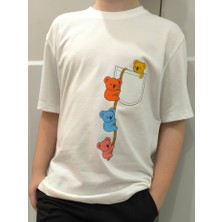 Pidal Giyim Firari Ayıcıklar Baskılı Pamuklu Yumuşak Dokulu Kısa Kollu Unisex Çocuk Tişört