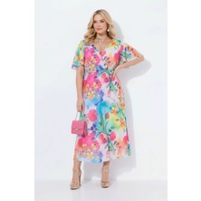 Mamayaga Kadın V Yaka Belden Oturmalı Çiçekli Şık Abiye Curve Büyük Beden Gece Elbise