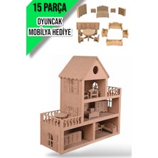 Buradadavar Hobi Ahşap Boyanabilir Ahşap Bebek Evi Oyuncak (15 Parça Mobilya Hediye)