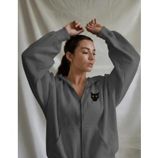 Muhtar Store Kadın Siyah Kedi Baskılı Tam Boy Fermuarlı Oversize Hoodie