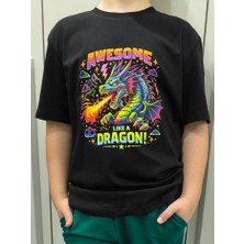 Pidal Giyim Ejderha Temalı Neon Baskılı Pamuklu Yumuşak Dokulu Kısa Kollu Erkek Çocuk Tişört