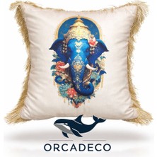 Orcadeco-Mavi Ganesha Desenli Lüks Dekoratif Kırlent Kılıfı 45X45 cm Püsküllü Salon Koltuk Yastık Kılıfı