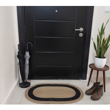 Mtg Jüt Tasarım Hasır Renk Siyah Desenli Oval Paspas