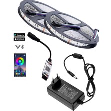 Powerr Led Aydınlatma 10 Metre 12V 60 Ledli Rgb Iç Mekan Şerit LED 5A Priz Tipi Plastik Adaptör Bluetoothlu Telefondan LED Kontrol Üniteli Set