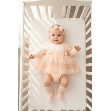 Miniday Baby Kız Bebek Mevlütlük Body Elbise Bandanalı Dantelli Yeni Doğan Hastane Çıkışı Gelinlik Abiye 6010