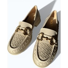 Noliva Kadın Örgü Desenli Gold Zincir Tokalı Kalın Tabanlı Loafer Ayakkabı