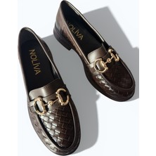 Noliva Kadın Örgü Desenli Gold Zincir Tokalı Kalın Tabanlı Loafer Ayakkabı