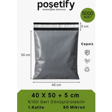 Poşetify Cepsiz Kargo Poşeti | 40x50x5 cm | 5000 Adet | Gri | 80 Mikron | Büyük Boy | Kalın | İç Göstermez