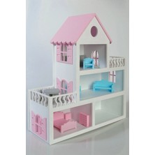 Buradadavar Hobi Ahşap Pembe Boyalı Ahşap Evcilik Bebek Evi Oyuncak (15 Adet Mobilya Hediyeli)