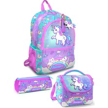 Minosso Unicorn Desenli Kız Çocuk İlkokul 3'lü Çanta Seti Polyester Su Geçirmez Çok Renkli Tasarım