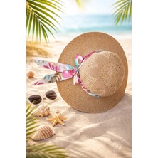 AYSBUTK Hasır Plaj Şapka Beyaz Renkli Desenli Şık Yaz Aksesuarı