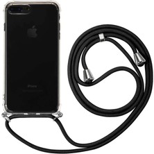 Teknomoda Apple iPhone 7 PLUS Kılıf Boyun - Omuz Askılı Köşe Korumalı Siyah iPli Kordonlu Anti Şok Şeffaf Silikon
