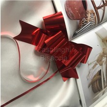 Bisaccia 4 Adet - Metalik Kırmızı Renk Çekmeli Fiyonk Süs 30MM (3 Cm) Hediye Paketi Süsleme
