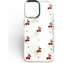 Mopal iPhone 16 Uyumlu Kiraz Desenli Simli Şeffaf Kılıf