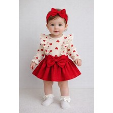My Baby Kumsal Kırmızı Fırfırlı Etekli Badi ve Bandanalı 3 Lü Set Lastikli Bel Pamuk Kumaş 1096