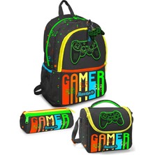 Minosso Gamer Desenli Polyester Erkek Çocuk 3'lü Çanta Seti Suya Dayanıklı Tasarım