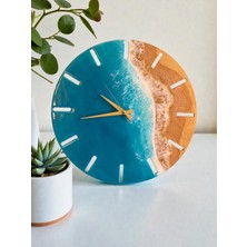 39 Art Studio Okyanus Koleksiyonu Golden Coast –  Okyanus Duvar Saati 50 cm Turkuaz & Altın Kum Efektli Epoksi Saat, El Yapımı Tasarım,  Altın Roma Rakamlı, Sessiz Mekanizma