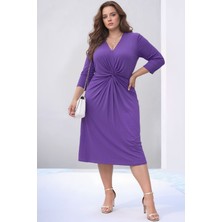 Mamayaga Kadın V Yaka Büyük Beden Önden Düğümlü  Asimetrik Kesim Truvakar Kol Şık Curve Abiye Elbise