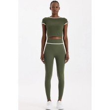 COMEUP Kontrast Biyeli Spor Tayt Koyu Yaprak Yeşili